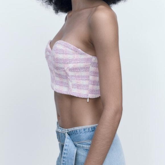 Zara tweed bustier corset top pink purple white small - Picture 3 of 10